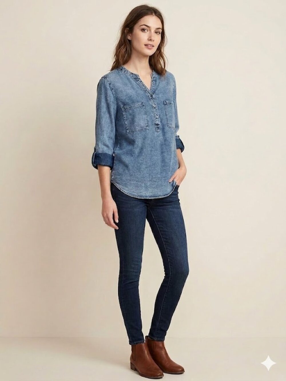 Barbara Katz Henley Denim Look Roll Tab Long Sleeve Top XL